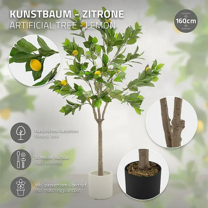 ML-Design Kunstpflanze Zitronenbaum Pflegeleichte Kunstbaum 160 cm für Innen & Außen im Topf - Blütenfarbe: Gelb, Kunststoff