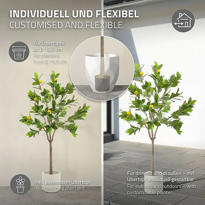ML-Design Kunstpflanze Zitronenbaum Pflegeleichte Kunstbaum 160 cm für Innen & Außen im Topf - Blütenfarbe: Gelb, Kunststoff