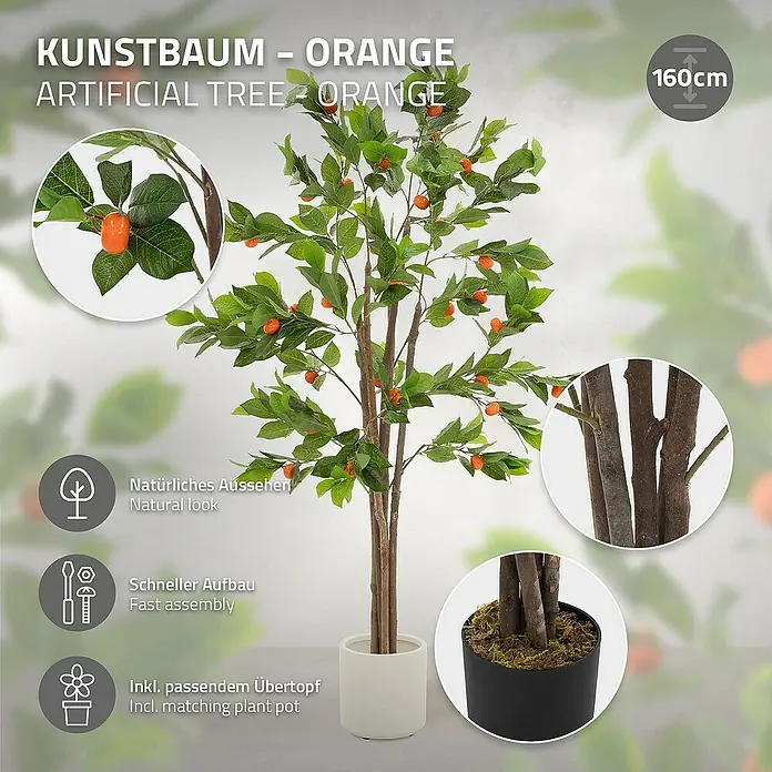 ML-Design Kunstpflanze Orangenbaum Pflegeleichte Kunstbaum 160 cm für Innen & Außen im Topf - Blütenfarbe: Orange, Kunststoff