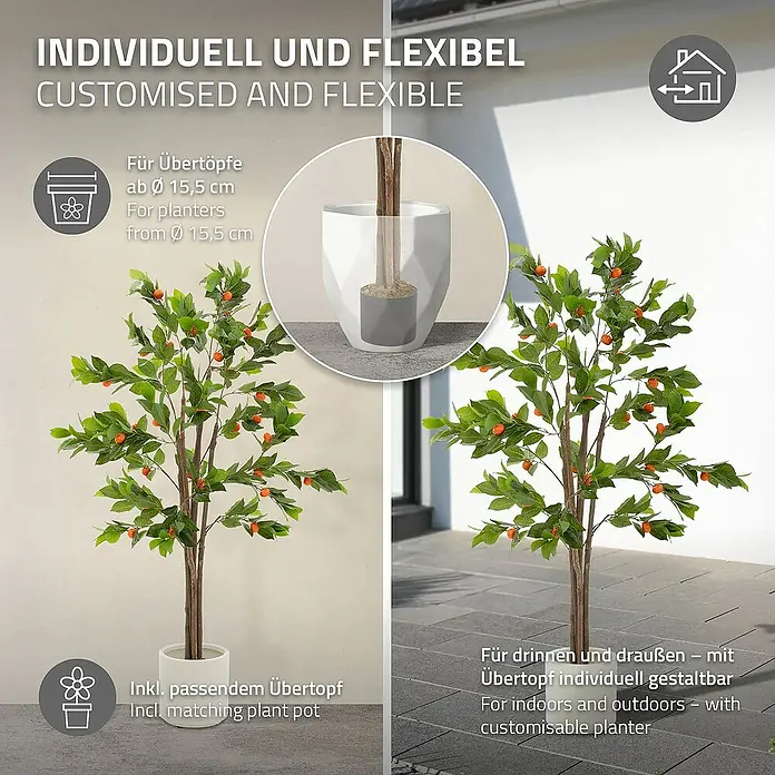 ML-Design Kunstpflanze Orangenbaum Pflegeleichte Kunstbaum 160 cm für Innen & Außen im Topf - Blütenfarbe: Orange, Kunststoff