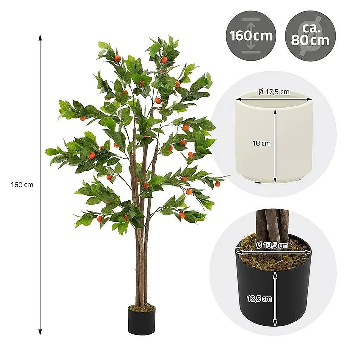 ML-Design Kunstpflanze Orangenbaum Pflegeleichte Kunstbaum 160 cm für Innen & Außen im Topf - Blütenfarbe: Orange, Kunststoff