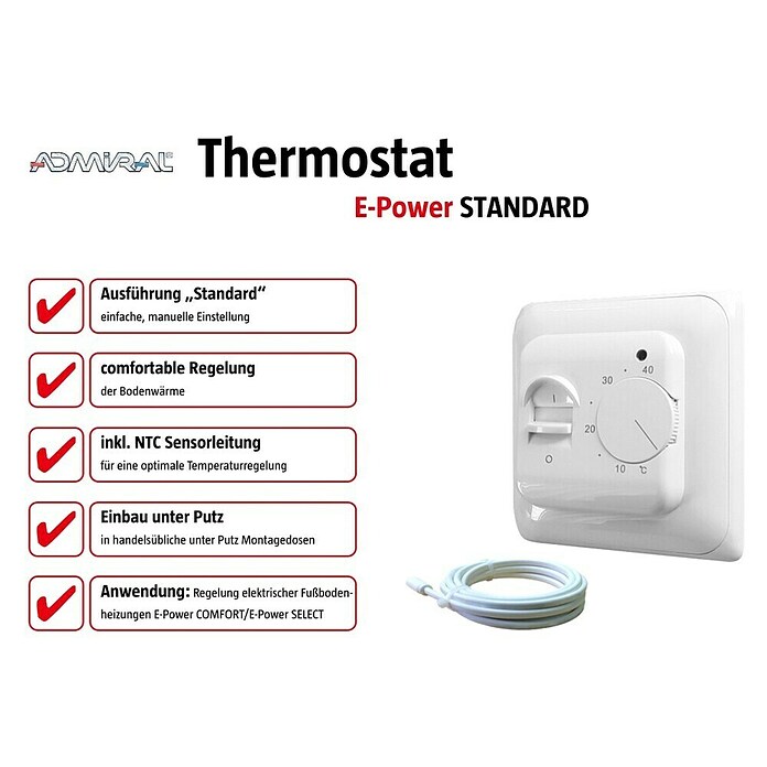 Admiral E-Power Thermostat Standard (Analog, Beheizbare Fläche: 20 m², Stufenlos einstellbare Temperatur)