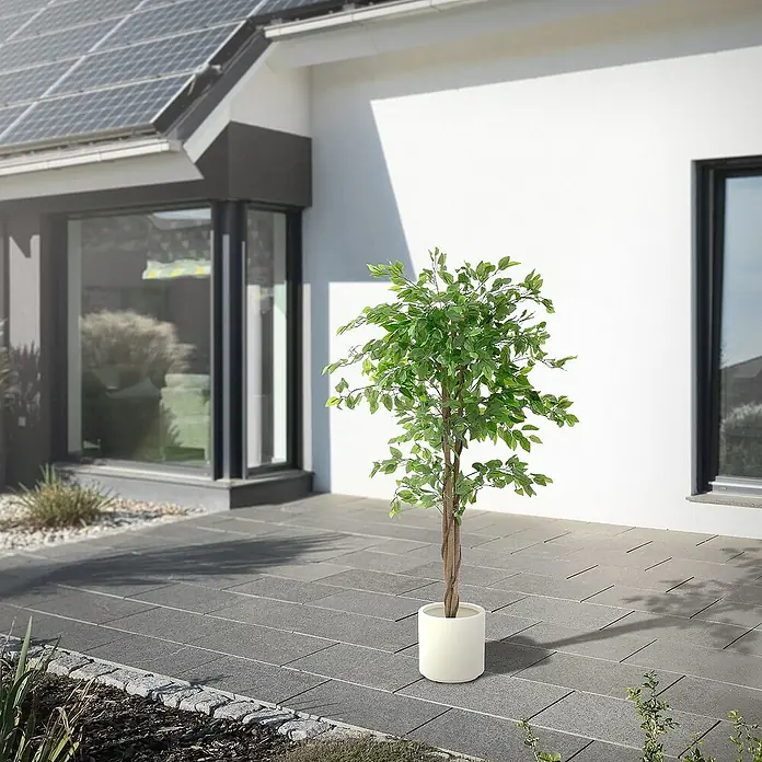 ML-Design Kunstpflanze Ficus Kunstbaum für Innen & Außen mit Naturholzstamm im Topf - Blütenfarbe: Grün, Holz