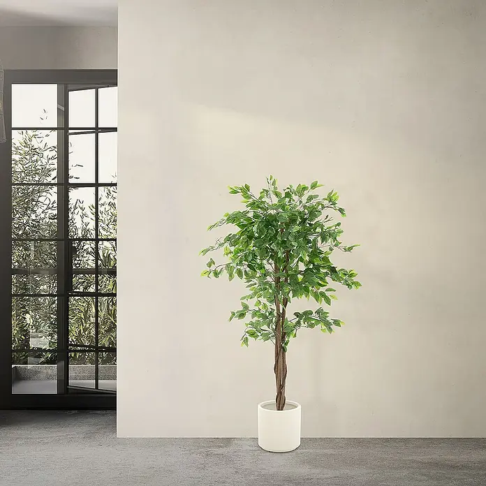 ML-Design Kunstpflanze Ficus Kunstbaum für Innen & Außen mit Naturholzstamm im Topf - Blütenfarbe: Grün, Holz