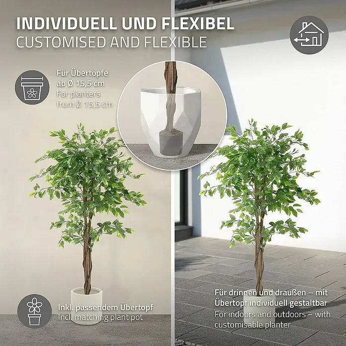 ML-Design Kunstpflanze Ficus Kunstbaum für Innen & Außen mit Naturholzstamm im Topf - Blütenfarbe: Grün, Holz