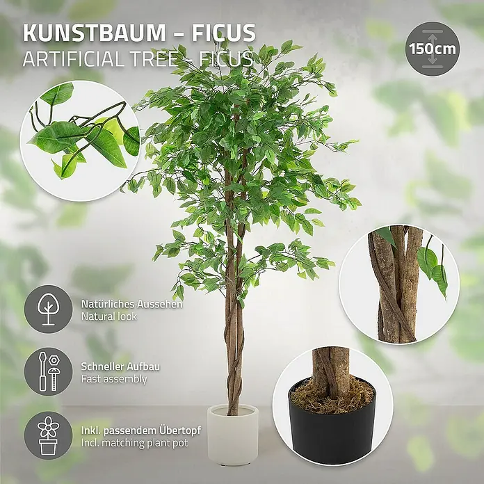 ML-Design Kunstpflanze Ficus Kunstbaum für Innen & Außen mit Naturholzstamm im Topf - Blütenfarbe: Grün, Holz