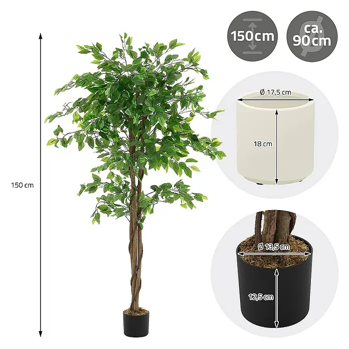 ML-Design Kunstpflanze Ficus Kunstbaum für Innen & Außen mit Naturholzstamm im Topf - Blütenfarbe: Grün, Holz