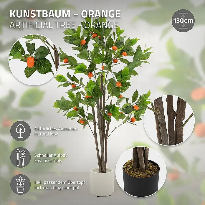 ML-Design Kunstpflanze Orangenbaum Pflegeleichte Kunstbaum 130 cm für Innen & Außen im Topf - Blütenfarbe: Orange, Kunststoff