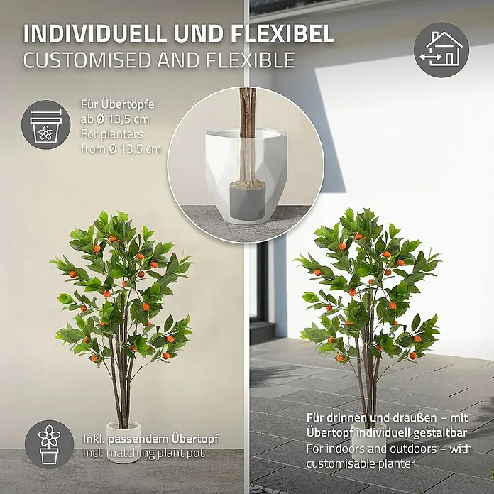 ML-Design Kunstpflanze Orangenbaum Pflegeleichte Kunstbaum 130 cm für Innen & Außen im Topf - Blütenfarbe: Orange, Kunststoff