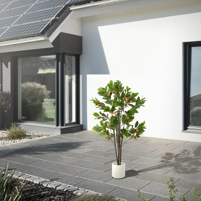 ML-Design Kunstpflanze Orangenbaum Pflegeleichte Kunstbaum 130 cm für Innen & Außen im Topf - Blütenfarbe: Orange, Kunststoff
