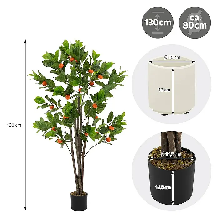ML-Design Kunstpflanze Orangenbaum Pflegeleichte Kunstbaum 130 cm für Innen & Außen im Topf - Blütenfarbe: Orange, Kunststoff