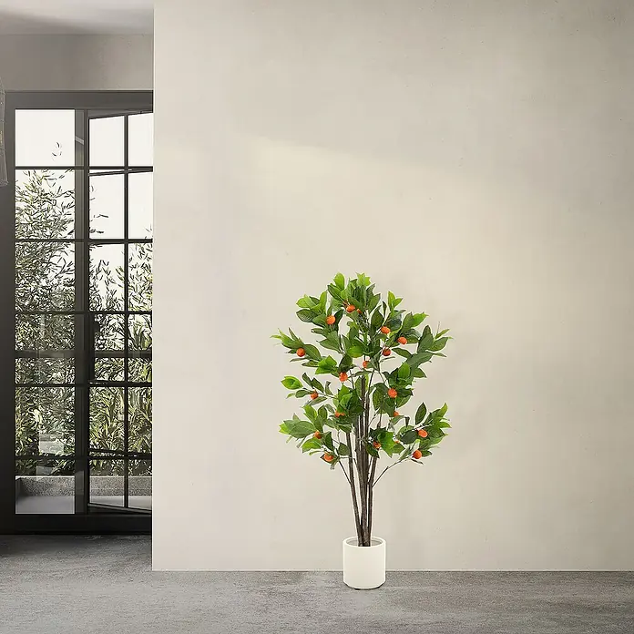 ML-Design Kunstpflanze Orangenbaum Pflegeleichte Kunstbaum 130 cm für Innen & Außen im Topf - Blütenfarbe: Orange, Kunststoff