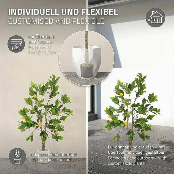 ML-Design Kunstpflanze Zitronenbaum Pflegeleichte Kunstbaum 130 cm für Innen & Außen im Topf - Blütenfarbe: Gelb, Kunststoff