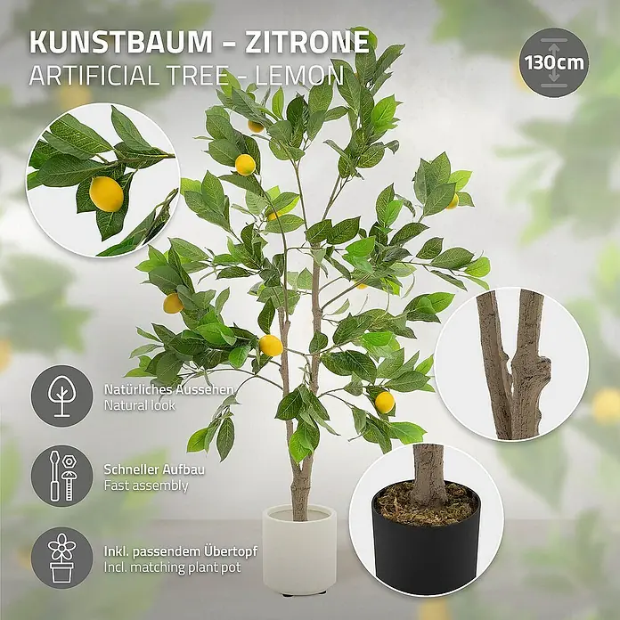 ML-Design Kunstpflanze Zitronenbaum Pflegeleichte Kunstbaum 130 cm für Innen & Außen im Topf - Blütenfarbe: Gelb, Kunststoff