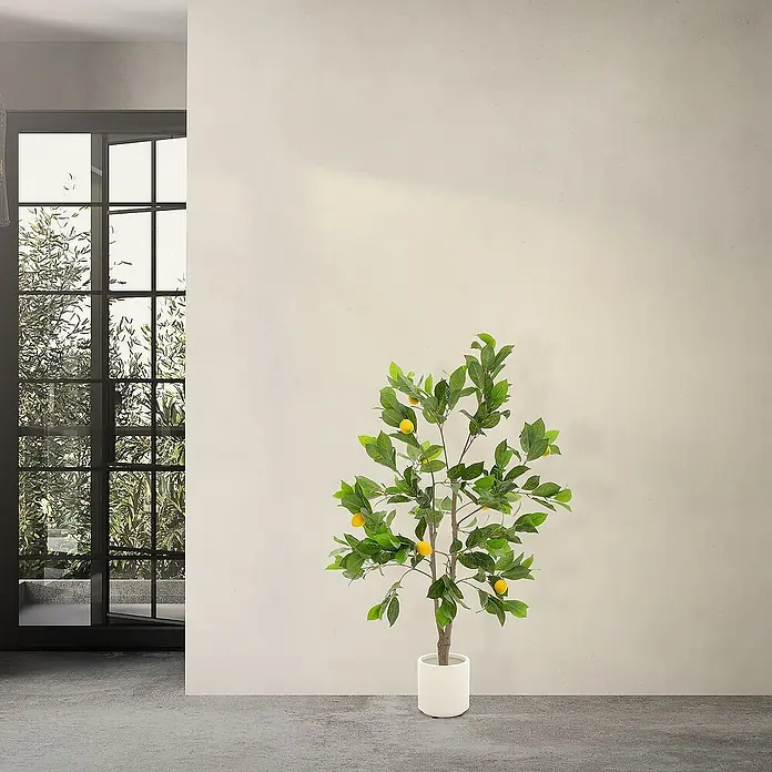 ML-Design Kunstpflanze Zitronenbaum Pflegeleichte Kunstbaum 130 cm für Innen & Außen im Topf - Blütenfarbe: Gelb, Kunststoff