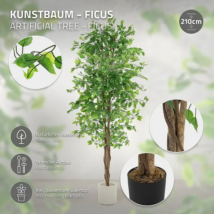 ML-Design Kunstpflanze Ficus Kunstbaum für Innen & Außen mit Naturholzstamm im Topf - Höhe: 210 cm, Blütenfarbe: Grün, Holz