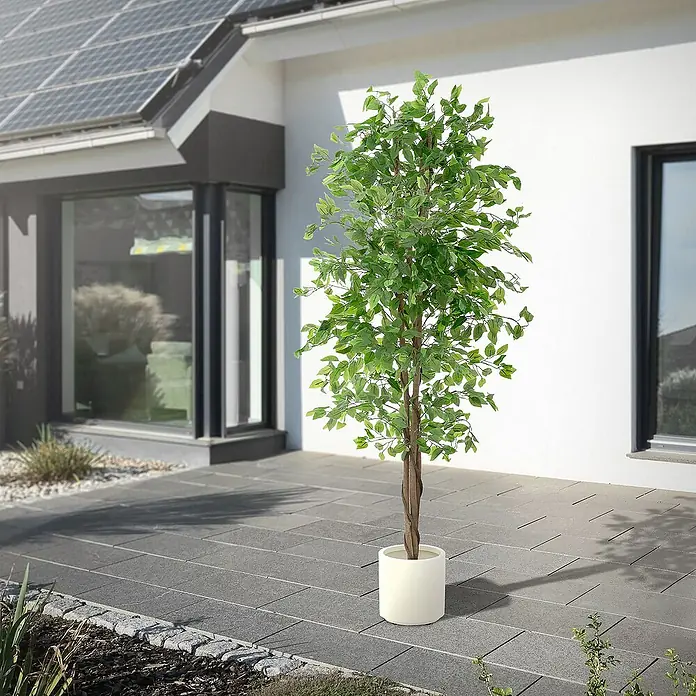 ML-Design Kunstpflanze Ficus Kunstbaum für Innen & Außen mit Naturholzstamm im Topf - Höhe: 210 cm, Blütenfarbe: Grün, Holz
