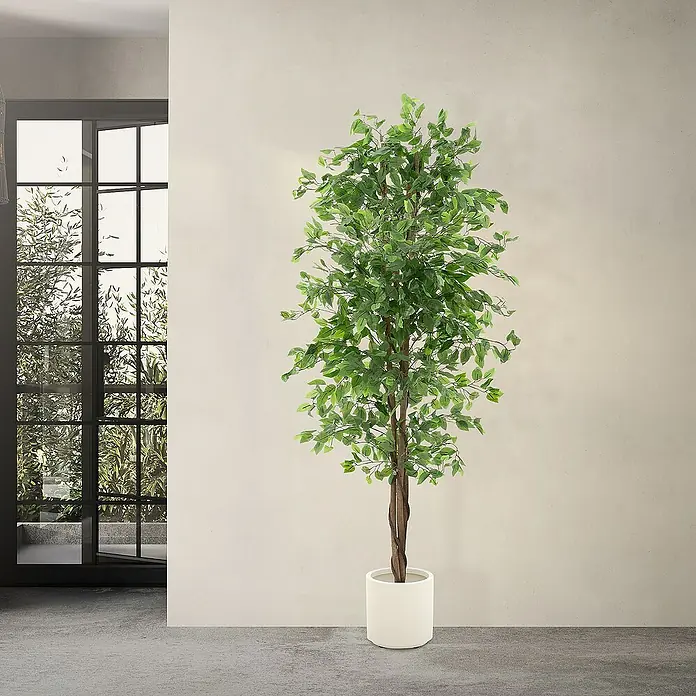 ML-Design Kunstpflanze Ficus Kunstbaum für Innen & Außen mit Naturholzstamm im Topf - Höhe: 210 cm, Blütenfarbe: Grün, Holz