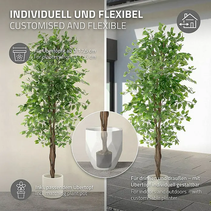 ML-Design Kunstpflanze Ficus Kunstbaum für Innen & Außen mit Naturholzstamm im Topf - Höhe: 210 cm, Blütenfarbe: Grün, Holz