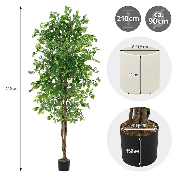 ML-Design Kunstpflanze Ficus Kunstbaum für Innen & Außen mit Naturholzstamm im Topf - Höhe: 210 cm, Blütenfarbe: Grün, Holz