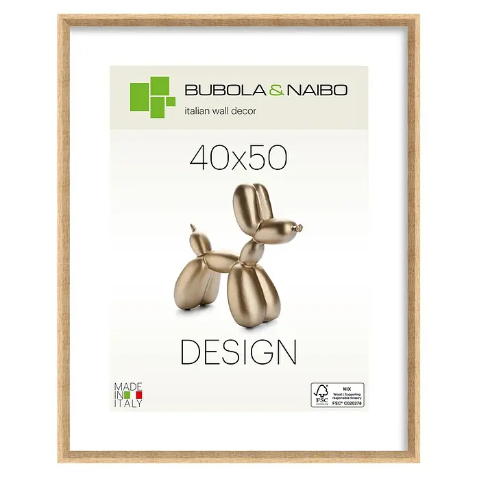 Bubola & Naibo Holzrahmen Olinda - 40 x 50 cm, Eiche - Bilderrahmen aus Naturholz mit weißem Einsatz, der eine goldene Ballonhundskulptur und „40x50“-Text zeigt.