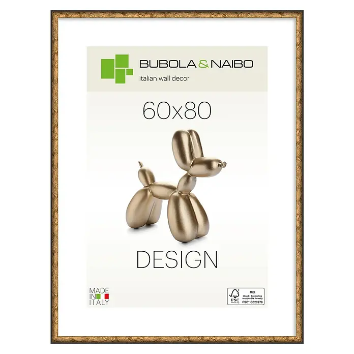 Bubola & Naibo Holzrahmen Linda - 60 x 80 cm, Bronze - Texturierter goldbrauner Bilderrahmen mit dezentem Muster, präsentiert einen goldenen Ballonhund und Markendetails.