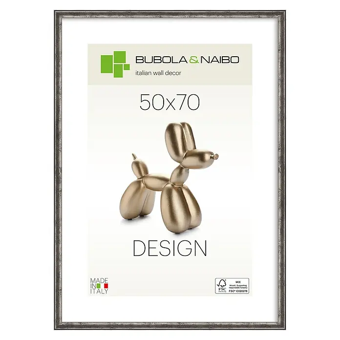 Bubola & Naibo Holzrahmen Linda - 50 x 70 cm, Silber - Silber-grauer Used-Look-Rahmen mit Kunstdruck eines glänzenden goldenen Ballonhundes.