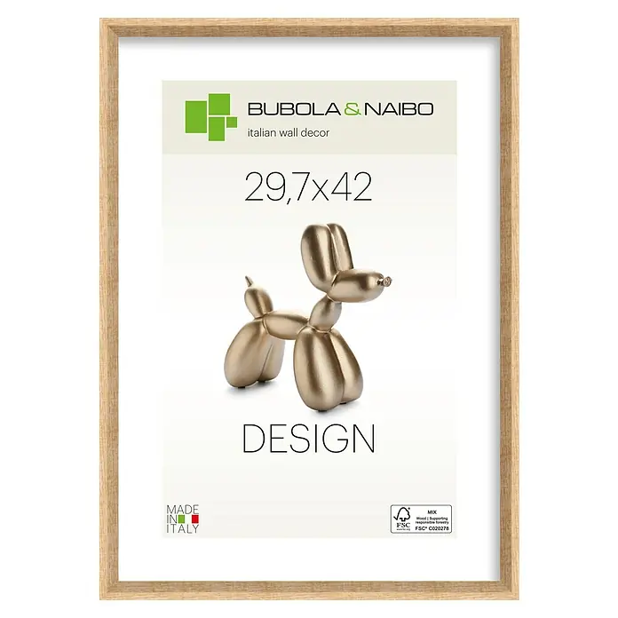 Bubola & Naibo Holzrahmen Olinda - DIN A3 / 29,7 x 42 cm, Eiche - Heller Holz-Bilderrahmen, der ein Informationsblatt mit einer goldenen Ballonhund-Skulptur und Text anzeigt.