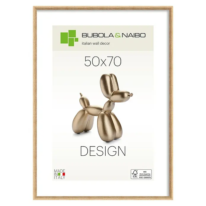 Bubola & Naibo Holzrahmen Olinda - 50 x 70 cm, Eiche - Gerahmtes Poster aus Naturholz mit goldenem Ballonhund-Design und 'BUBOLA & NAIBO 50x70 DESIGN'-Text.