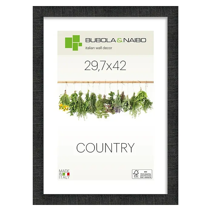 Bubola & Naibo Holzrahmen Anny - DIN A3 / 29,7 x 42 cm, Schwarz - Schwarzer, texturierter Bilderrahmen mit einem Druck von hängenden Kräutern und Text.