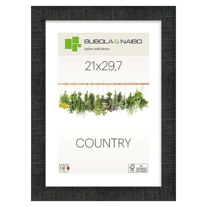 Bubola & Naibo Holzrahmen Anny - DIN A4 / 21 x 29,7 cm, Schwarz - Dunkler Holzrahmen mit Country-Wanddeko: hängende Kräuter und "21x29,7".