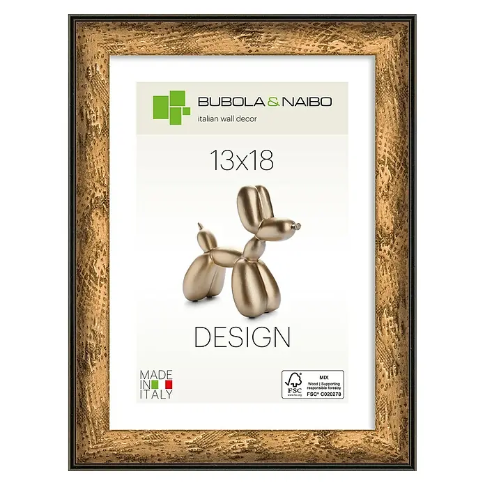 Bubola & Naibo Holzrahmen Linda - 13 x 18 cm, Bronze - Rechteckiger Bilderrahmen in Antikgold mit ornamentierter, strukturierter Oberfläche und schwarzem Innenrand.