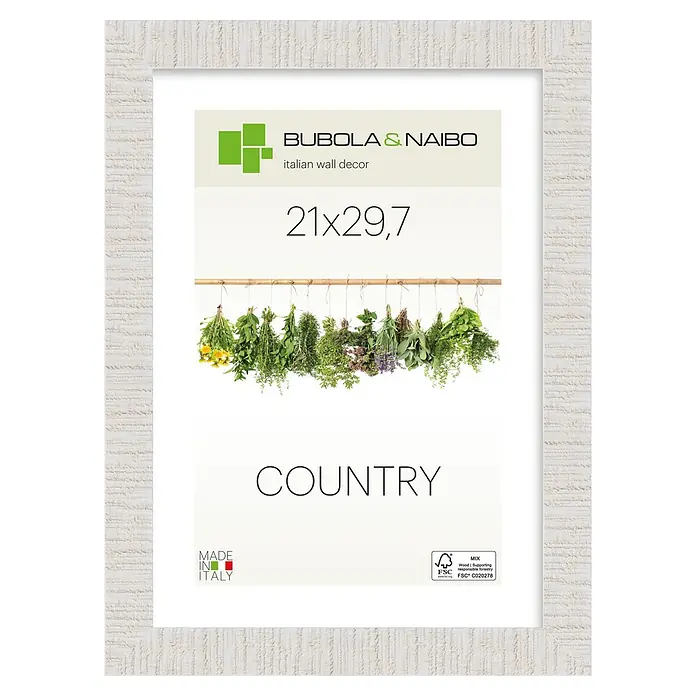 Bubola & Naibo Holzrahmen Anny - DIN A4 / 21 x 29,7 cm, Weiß - Weißer, strukturierter Fotorahmen, 21x29,7, mit Kräutermotiv.