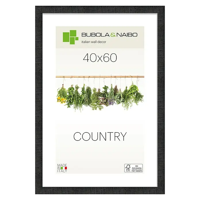 Bubola & Naibo Holzrahmen Anny - 40 x 60 cm, Schwarz - Dunkelgrau gerahmte Wanddekoration mit Kräuterdruck und 'COUNTRY'-Text, Größe 40x60.
