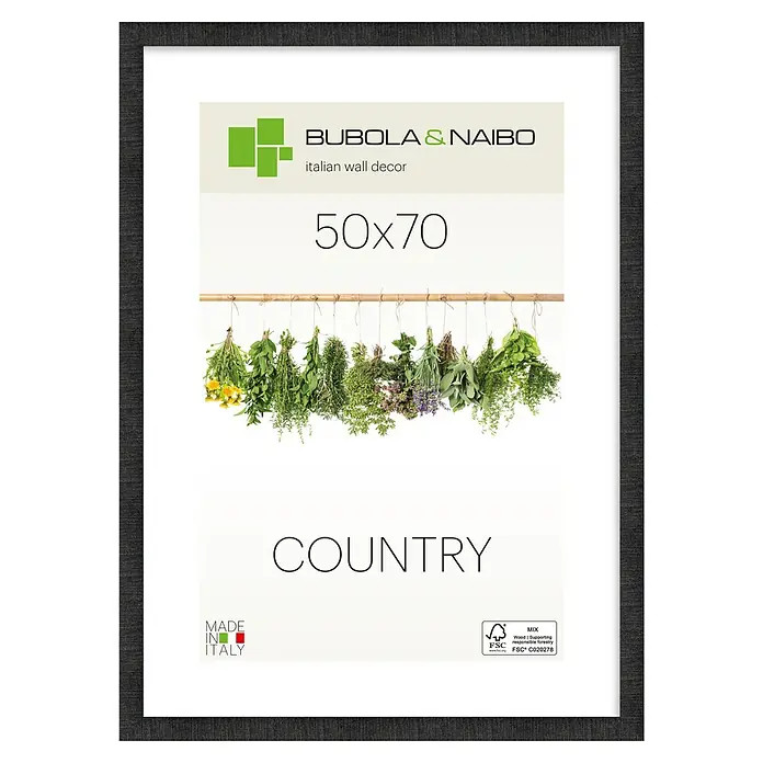 Bubola & Naibo Holzrahmen Anny - 50 x 70 cm, Schwarz - Dunkelgrau gerahmtes Bild mit hängenden Kräutern, Text „COUNTRY“ und „50x70“.