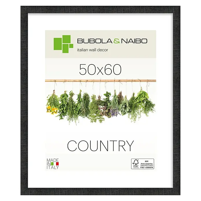 Bubola & Naibo Holzrahmen Anny - 50 x 60 cm, Schwarz - Dunkler, texturierter Bilderrahmen (50x60 cm) mit dem Titel „COUNTRY“ und hängenden Kräutern.