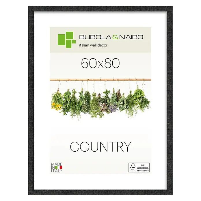 Bubola & Naibo Holzrahmen Anny - 60 x 80 cm, Schwarz - Dunkelgraues gerahmtes Wandbild, 60x80cm, mit Druck von trocknenden Kräutern und 'COUNTRY' Text.