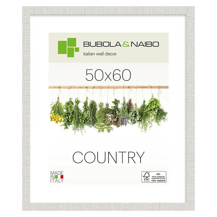 Bubola & Naibo Holzrahmen Anny - 50 x 60 cm, Weiß - Heller Holzmaserung-Bilderrahmen mit 'Bubola & Naibo COUNTRY'-Poster und hängenden Kräutern.