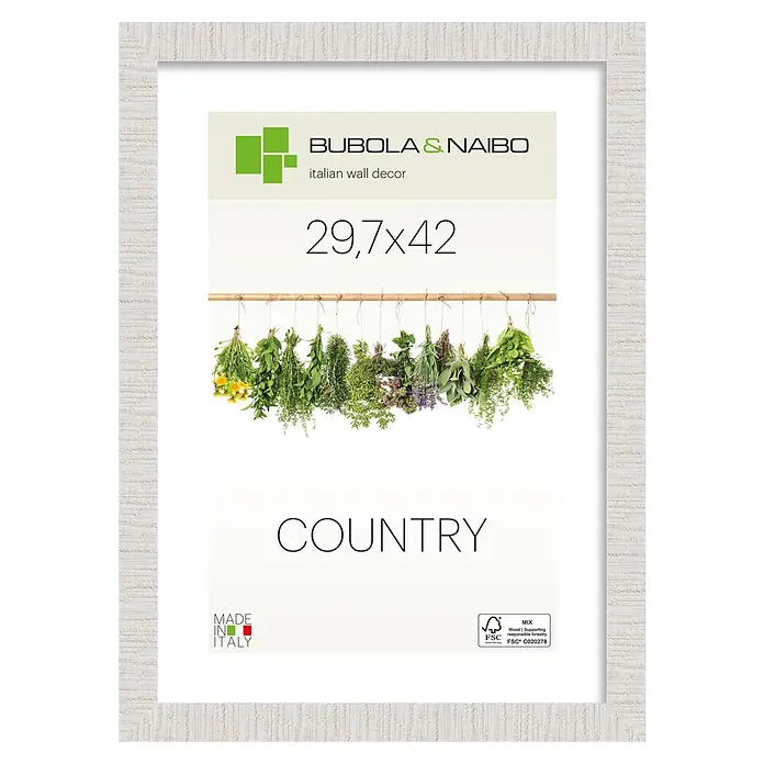 Bubola & Naibo Holzrahmen Anny - DIN A3 / 29,7 x 42 cm, Weiß - Weißer, texturierter Bilderrahmen mit einem Poster von hängenden Kräutern und der Größe 29,7x42 cm.