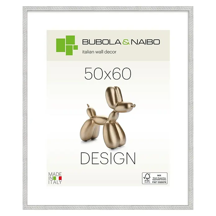 Bubola & Naibo Holzrahmen Maya - 50 x 60 cm, Silber - Weiß gerahmter Kunstdruck eines glänzenden goldenen Ballonhundes.