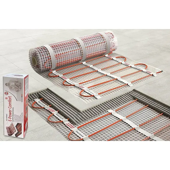Admiral E-Power Fußbodenheizung Comfort - L x B: 4 x 0,5 m, Beheizbare Fläche: 2 m², 300 W - Elektrische Fußbodenheizung E-Power Comfort: orange Heizkabel auf weißem Netz, teilweise ausgerollt und unter Fliesen verlegt.