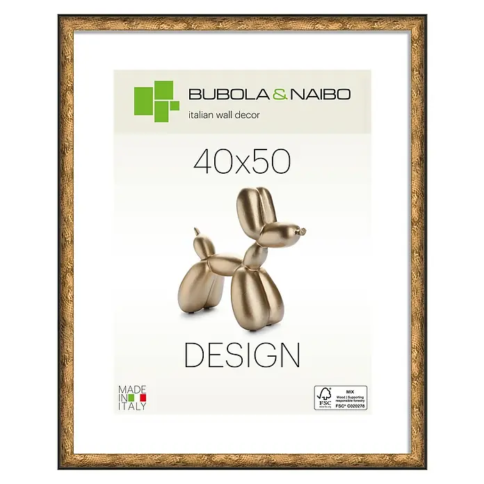 Bubola & Naibo Holzrahmen Linda - 40 x 50 cm, Bronze - Texturierter goldener Holzrahmen mit metallischem goldenem Ballonhund-Design, BUBOLA & NAIBO Marke und '40x50' Größe.