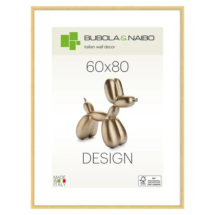 Bubola & Naibo Holzrahmen Maya - 60 x 80 cm, Gold - Helles Holz gerahmtes Wanddekor mit goldenem Ballonhund-Design, Größe 60x80.