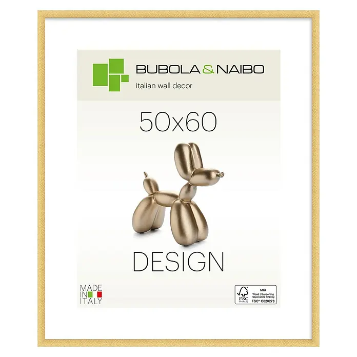 Bubola & Naibo Holzrahmen Maya - 50 x 60 cm, Gold - Goldgerahmtes Poster mit glänzender goldener Ballonhund-Skulptur, Bubola & Naibo Schriftzug, Größe 50x60.