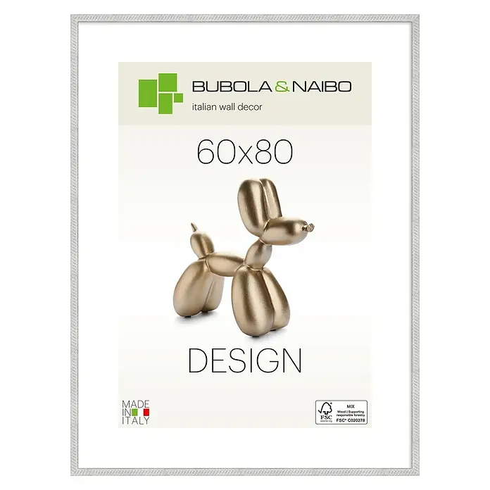Bubola & Naibo Holzrahmen Maya - 60 x 80 cm, Silber - 60x80cm Print eines goldenen Ballonhundes von Bubola & Naibo in hellem Strukturrahmen.