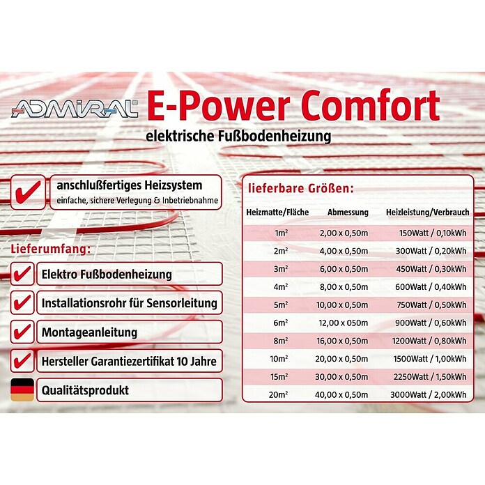 Admiral E-Power Fußbodenheizung Comfort (L x B: 8 x 0,5 m, Beheizbare Fläche: 4 m², 600 W) | BAUHAUS