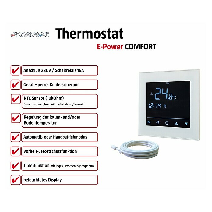 Admiral E-Power Thermostat Comfort Plus (Digital, Beheizbare Fläche: 20 m², Programmierbar)
