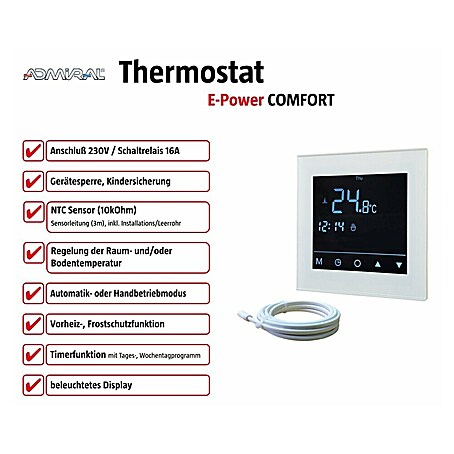 Admiral E-Power Thermostat Comfort Plus (Digital, Beheizbare Fläche: 20 m², Programmierbar)