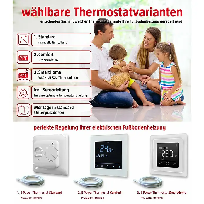 Admiral E-Power Fußbodenheizung Comfort - L x B: 4 x 0,5 m, Beheizbare Fläche: 2 m², 300 W - Drei weiße Thermostate für Fußbodenheizungen: Standard, Komfort (digital) und SmartHome (digital), jeweils mit Sensorleitung.