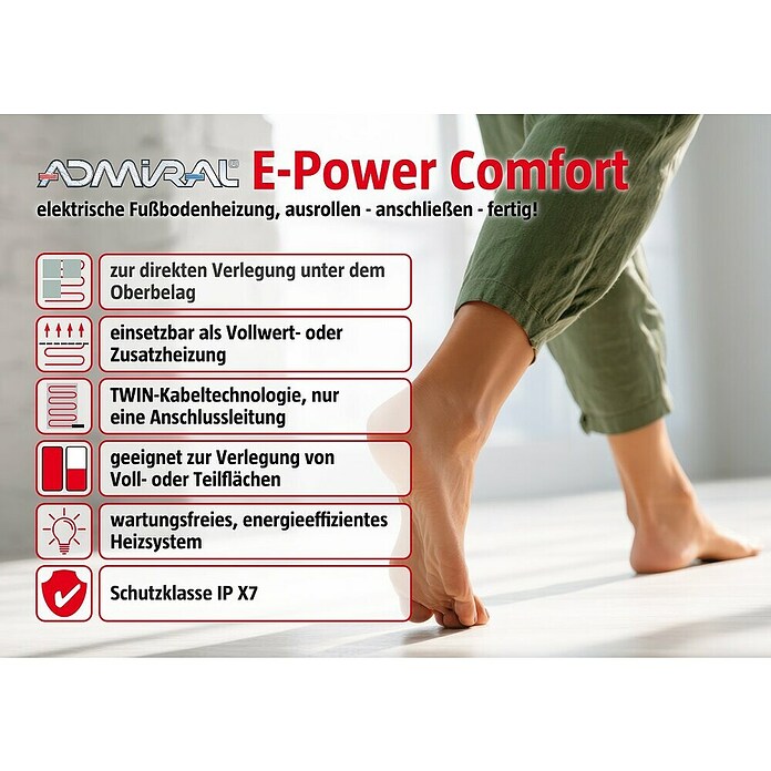 Admiral E-Power Fußbodenheizung Comfort (L x B: 8 x 0,5 m, Beheizbare Fläche: 4 m², 600 W) | BAUHAUS